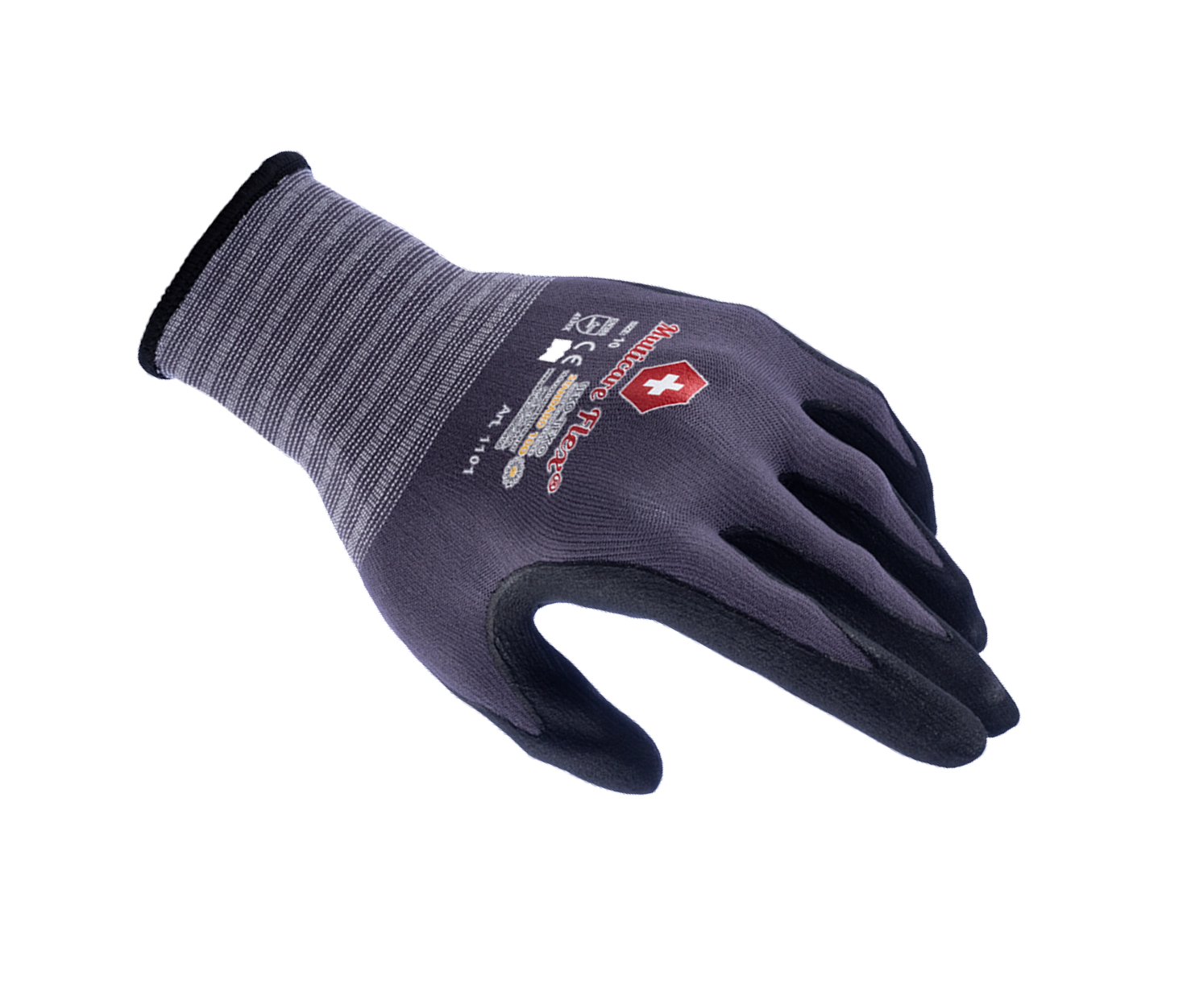 Grauer Arbeitsschutzhandschuh „Multicare Flex“ freigestellt.